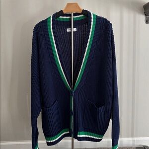 Sonoma Navy Blue Cardigan with Green and White Accents
